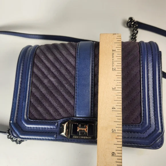 REBECCA MINKOFF Mini Love Chevron Quilted Crossbody Bag Blue Leather Purse - Picture 13 of 13